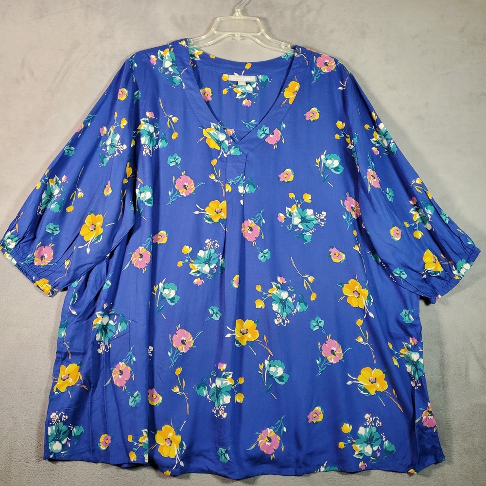 Woman Within Top Womens 3X Blue Floral‎ Short Puff Sleeve Cottagecore Boho NEW
